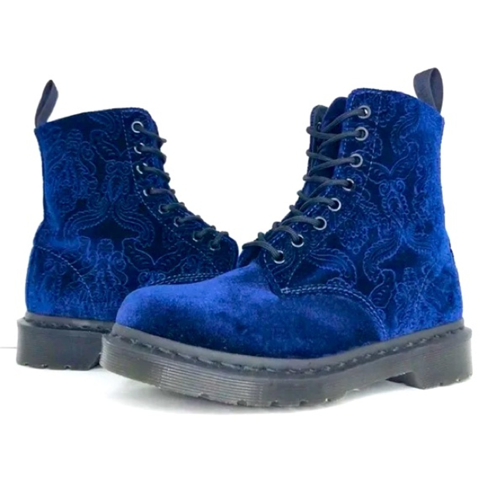 Dr Doc Martens Embossed Blue Velvet Boots 1460 Brocade GUC W9